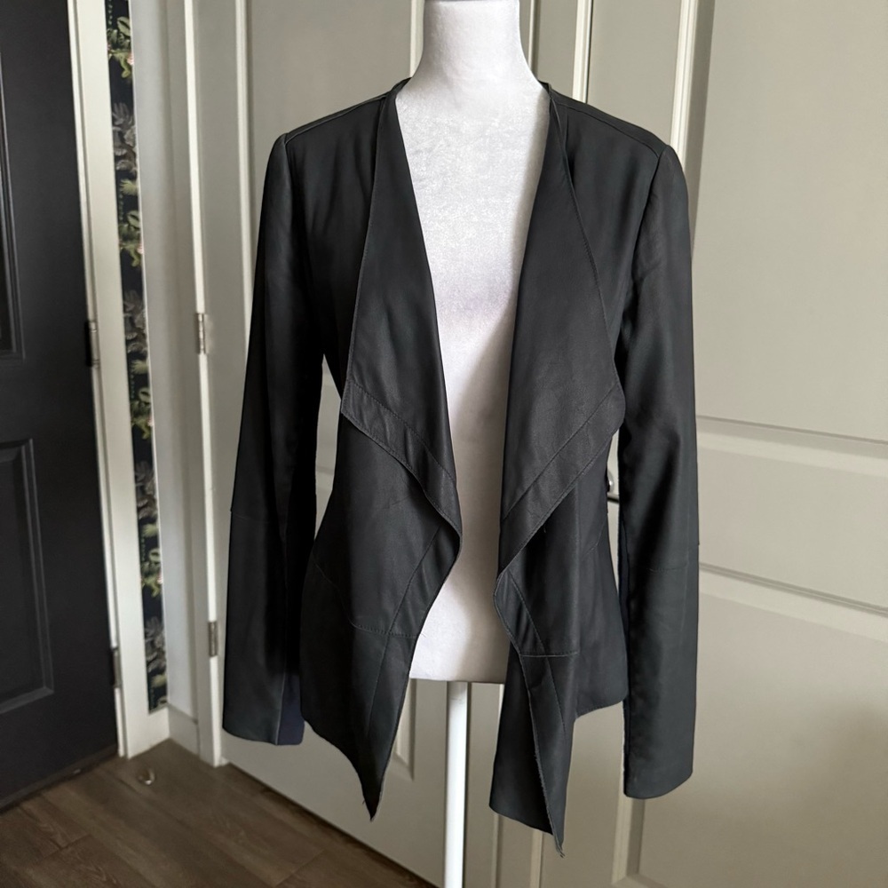 Vince Navy Blue Open Draped Collar Lightweight Leather Jacket Size M